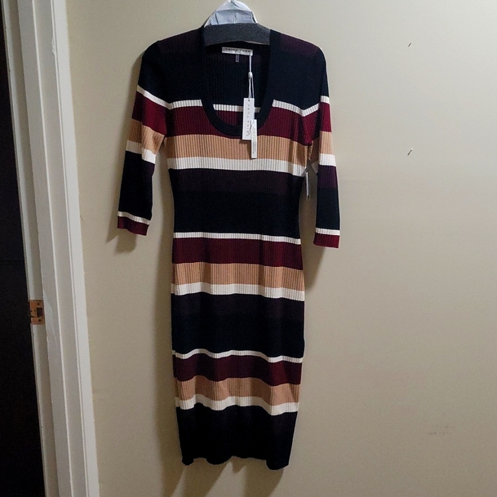 Trina Turk Black Burgundy Tan Striped Long Sleeve Midi Dress